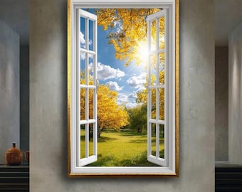 Open Window Wall Art with Autumn Landscape Sunny Golden Trees Scenic Nature View Home Decor