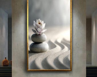 White Lotus Zen Wall Art Print – Stacked Stones in Sand Garden Canvas – Minimalist Spa Meditation Poster – Peaceful Home Decor
