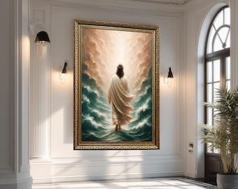 Jesus Walking on Water Canvas Wall Art – Spiritual Christian Poster with Ocean Waves and Heavenly Light, Faith-Based Religious Décor