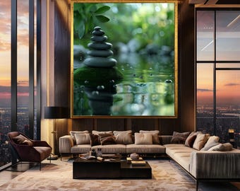 Zen Stones and Rain Wall Art Peaceful Nature Scene Mindfulness Water Reflection Print Tranquility Canvas Art