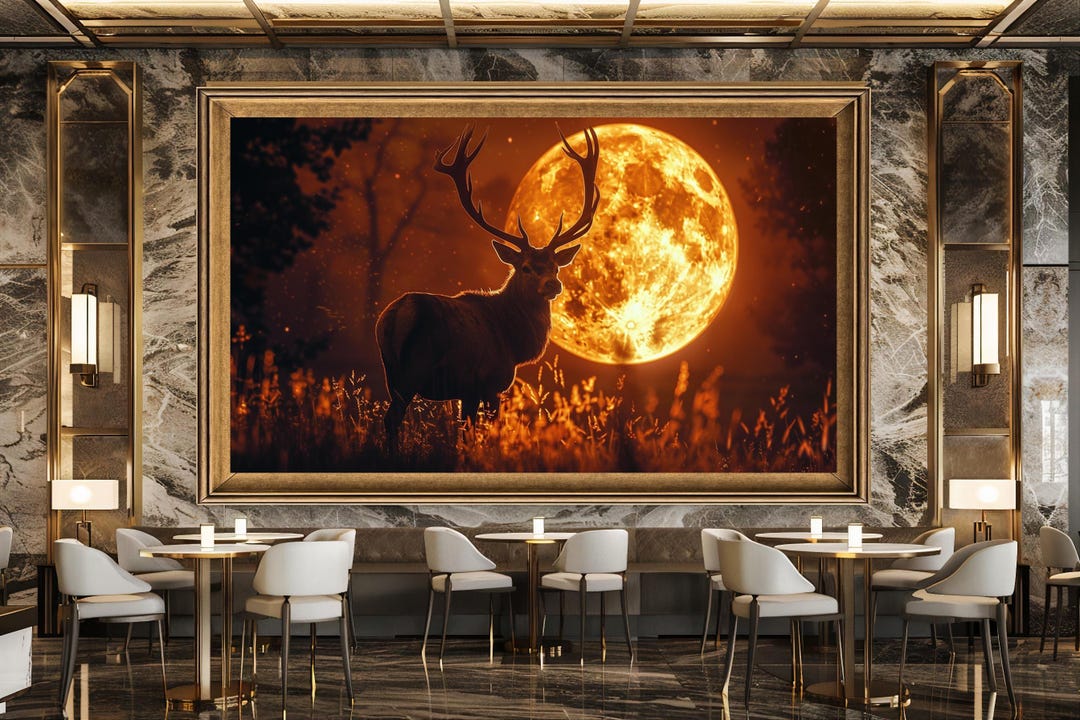 Deer and Full Moon Wall Art Print, Mystical Forest Night Scene Poster ...