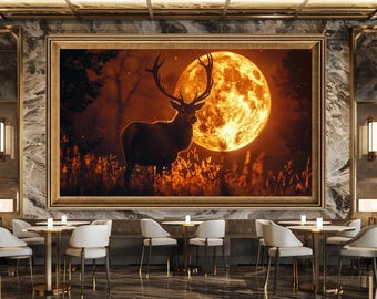 Deer and Full Moon Wall Art Print, Mystical Forest Night Scene Poster, Dark Nature Wildlife Canvas Artwork for Rustic Home Decor