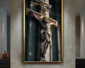 Jesus on the Cross Religious Canvas Wall Art – Ornate Crucifix Christian Artwork for Home, Chapel, or Spiritual Decor