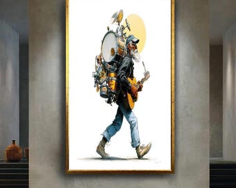 One Man Band Wall Art Canvas Print, Vintage Street Musician Illustration for Music Room Decor, Quirky Guitar and Drum Artwork Gift