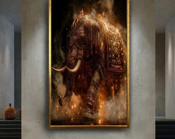 Regal Golden Elephant Canvas Wall Art with Ornate Details, Spiritual Luxury Decor Print for Home, Office or Yoga Space, Majestic Animal Art
