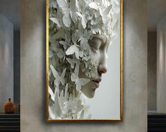 Surreal White Butterfly Face Canvas Art – Ethereal Female Portrait with Flowers and Wings – Dreamy Fantasy Wall Print for Elegant Decor