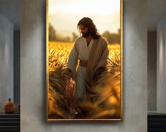 Jesus in Wheat Field Canvas Art, Peaceful Christian Wall Decor, Spiritual Nature Scene Print for Faithful Home or Prayer Room