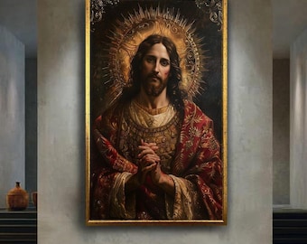 Classic Jesus Christ Canvas Wall Art with Sacred Heart and Golden Halo, Traditional Christian Religious Artwork for Faith Home Decor