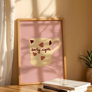 Early Nights Coffee Cup Emma Bridgewater Pink Heart Art Print, Coffee Bar Decor, Kitchen Wall Art, Coffee Lover Gift, Barista Art Tea Cup
