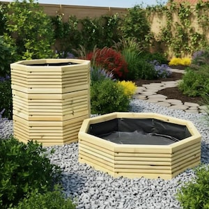 May include: Two octagonal wooden planters with light-coloured horizontal slats and black interior liners. One planter is stacked vertically, while the other sits open on the ground, showcasing the hollow interior and the durable construction.
