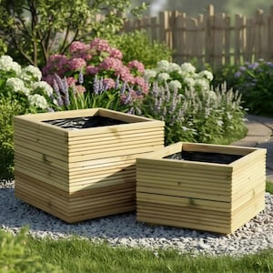 May include: Two square planters constructed from light-coloured horizontal wooden slats. Each planter features a deep, open top with a black interior lining, designed for holding plants. The planters are positioned side by side on a bed of light grey gravel.