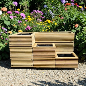 Set of 4 Individual Wooden Planters (Squares + Rectangulars) , L Shape Corner 3-Tier Planter, Treated Decking Boards, Garden Patio Courtyard