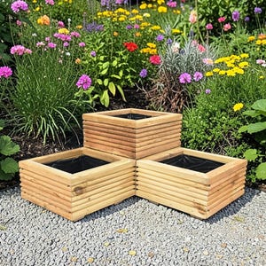 Set of 3 Individual Square Wooden Planters, L Shape Corner 2-Tier Planter, Treated Decking Boards, Garden Patio Courtyard