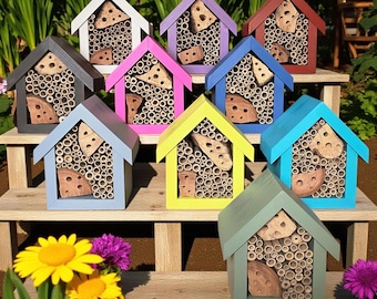 Bee Hotel, Insect Box, Bug House, NO GLUE, Replaceable & Easy to Clean, Bee Gift for Bee Lovers, Bamboo Tubes, Hawthorn Wood, Cherry Wood