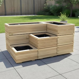 May include: A tiered wooden planter box featuring a light natural wood finish with horizontal slats and multiple square planting sections lined with black fabric. The structure is arranged in a stepped design with varying heights for plant display.