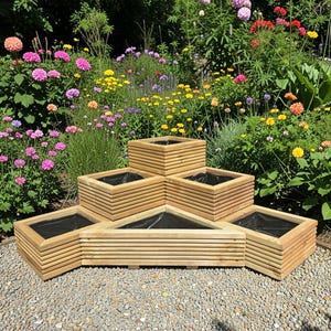 Set of 6 Individual Wooden Planters (Squares + Triangle), L Shape Corner 3-Tier Planter, Treated Decking Boards, Garden Patio Courtyard