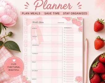 Strawberry Weekly Menu Planner | Pink Gingham Meal Organizer (Canva Template)