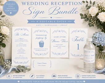 Dusty Blue Wedding Reception Sign Bundle | 6 Editable Canva Templates | Wedding Table Numbers, Menu, & More!