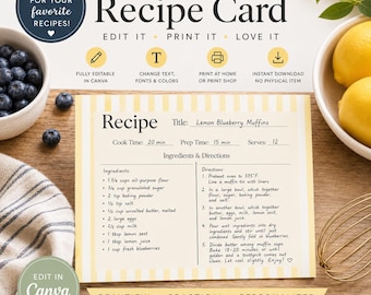 Editable Recipe Card Template | Butter Yellow Stripes, Canva Design (Instant Download)