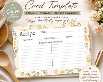Floral Recipe Card Template | Editable Canva Printable (Instant Download)