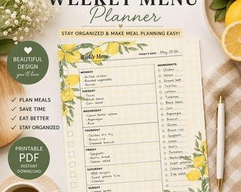 Lemon Weekly Menu Planner | Floral Meal Planning Sheet with Grocery List (PDF Download)