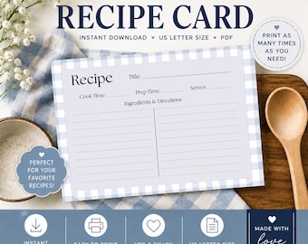 Editable Cottagecore Gingham Recipe Card Template | Canva Printable Insert (Digital Download)