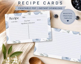 Blueberry Watercolor Recipe Cards | Printable, Editable (Instant Download)