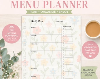 Floral Weekly Menu Planner Printable | Meal Prep Grocery List Organizer (Digital Download)