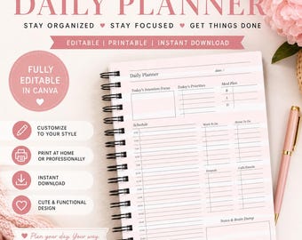 Pink Striped Daily Planner Canva Template | Productivity To Do List (Digital Download)