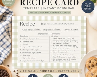 Editable Farmhouse Gingham Recipe Card Template | Canva Printable Insert (Digital Download)