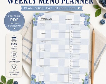 Blueberry Weekly Menu Planner | Blue Gingham Meal Organizer (Canva Template)