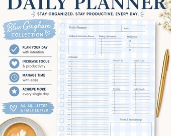 Blue Gingham Daily Planner Printable | Editable Canva Template (Digital Download PDF)