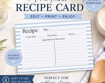 Blue Striped Recipe Card Template | Editable Canva, Printable 4x6 (Instant Download)