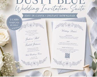 Dusty Blue Floral Wedding Invitation Suite | Editable Canva Template Bundle (Instant Download)