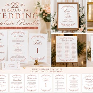 Puede incluir: Un paquete de 22 plantillas de boda en color terracota que incluye carteles, menús y planos de mesa en papel blanco con bordes florales y tipografía elegante. La colección incluye diseños editables para carteles de bienvenida y tarjetas.
