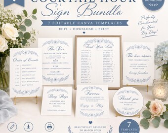 Dusty Blue Wedding Cocktail Hour Sign Bundle | 7 Editable Canva Templates (Digital Download)