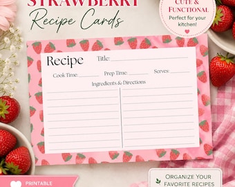 Strawberry Recipe Cards | Pink Kitchen Template (Digital Download)