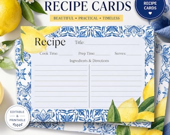 Amalfi Coast Lemon Recipe Cards | Blue Tile Printable (Instant Download)