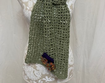 Light olive green merino alpaca silk scarf with purple flower