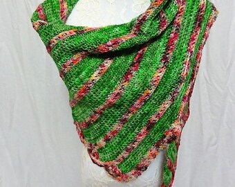 grass green asymetrical crescent shawl with pink contrast