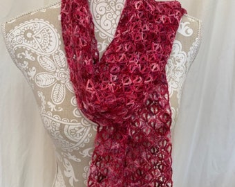 Red pink and ivory cashmere silk handmade scarf