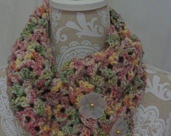 Pink Mint and Yellow button Cowl scarf