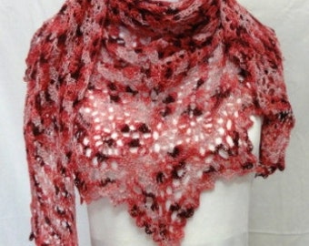 Pink red lacey shawl--color is called "love triangle"--hand dyed alpaca tencel