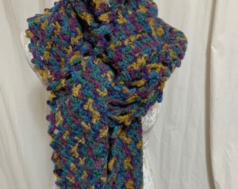 Super scarf in purple, gold, green, blue and magenta merino alpaca