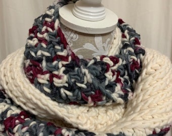 Super Chunky maroon ivory and charcoal infinity scarf