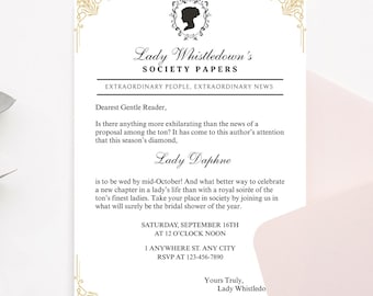 Modelo de convite Bridgerton: Papel da Sociedade Lady Whistledown (editável no Canva, download digital)