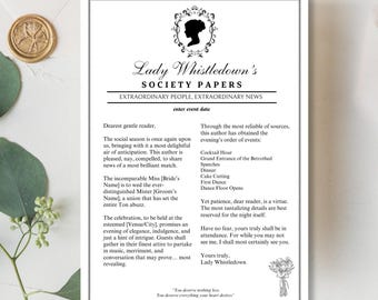 Plantilla de papel de la Sociedad Bridgerton: Boletín informativo editable, Fiesta del té, Despedida de soltera (Descarga digital de Canva)