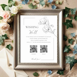 May include: A framed sign with the words "Wishing Well" and floral illustrations. The sign includes QR codes for Venmo and Zelle, with instructions for contributing to a gift. Decorative flowers and greenery surround the frame.