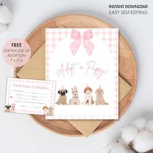 Adopt a Puppy Sign: Pink Bow, Dog Birthday Party (Canva Template)