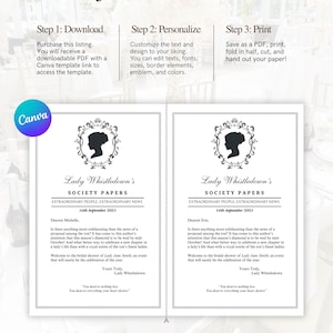 Puede incluir: Plantilla imprimible de Canva para una invitaci&oacute;n a una despedida de soltera. El dise&ntilde;o presenta una silueta en un marco decorativo, con el texto "Lady Whistledown's SOCIETY PAPERS". La invitaci&oacute;n es plegable, 27,9 x 21,6 cm, y personalizable.